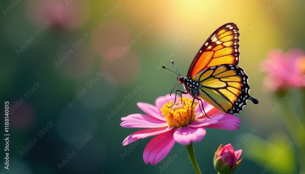 Fototapeta premium Colorful butterfly on a spring flower, with dew and light background , foliage, dewdrop