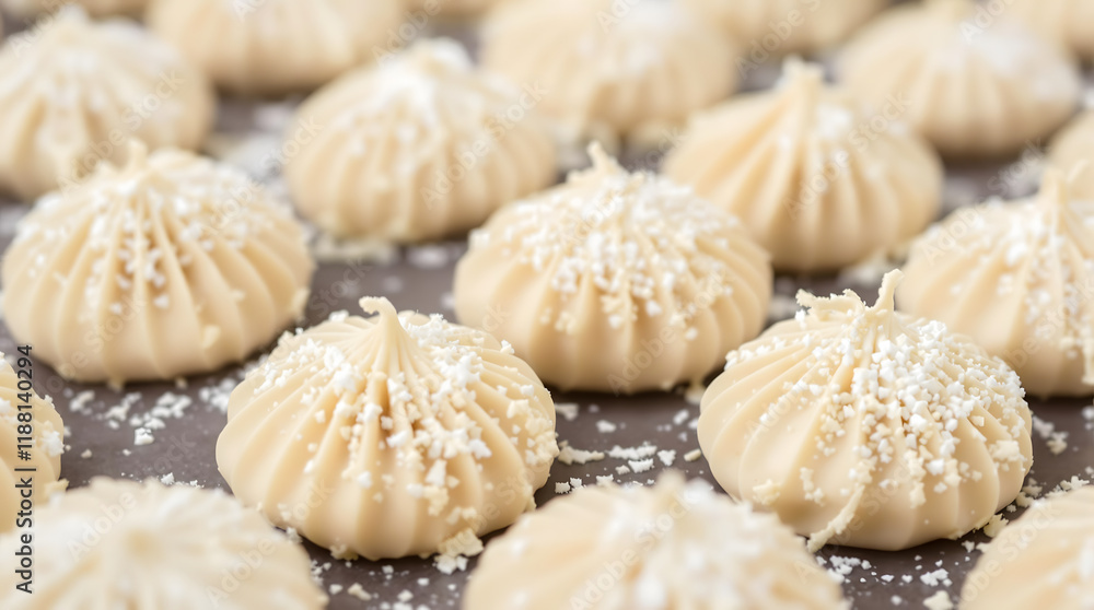 A plate of white pastries with powdered sugar on top A plate of white pastries with powdered sugar on top