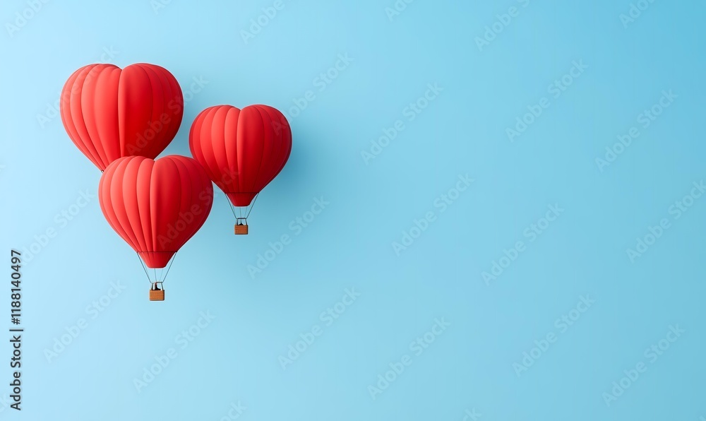 Three red heart-shaped hot air balloons ascend against a light blue sky; perfect for Valentine's Day or romantic designs Three red heart-shaped hot air balloons ascend against a light blue sky; perfect for Valentine's Day or romantic designs