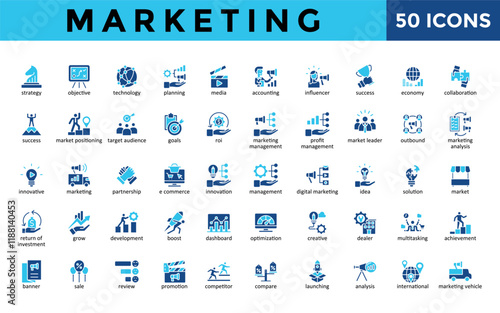 Marketing icons set with strategy, objective, technology, planning, media, accounting, influencer, success, economy, collaboration icon. Simple flat vector 
