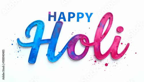 Handwritten calligraphic brush stroke colorful paint lettering of Holi, Happy Holi Festival Greeting Background Design Template photo