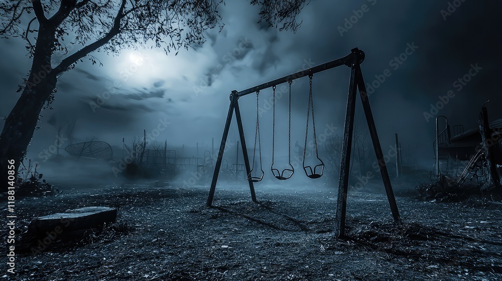 Haunting Abandoned Playground Under Dark Moonlit Night Sky Haunting Abandoned Playground Under Dark Moonlit Night Sky