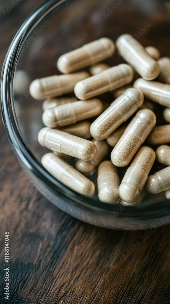 A close-up of capsules of probiotic supplements in a transparent container. A close-up of capsules of probiotic supplements in a transparent container.