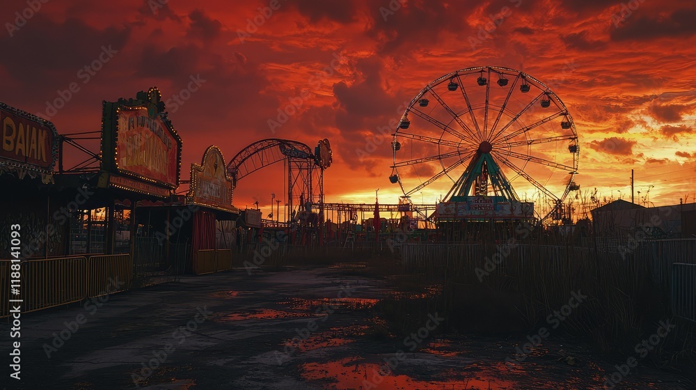 Abandoned Amusement Park at Sunset with Dramatic Sky and Silhouettes Abandoned Amusement Park at Sunset with Dramatic Sky and Silhouettes