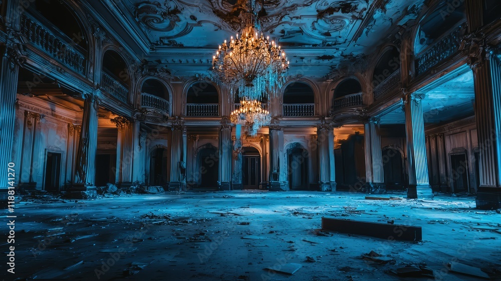 Fototapeta premium Abandoned Grand Ballroom with Elegant Chandelier and Debris