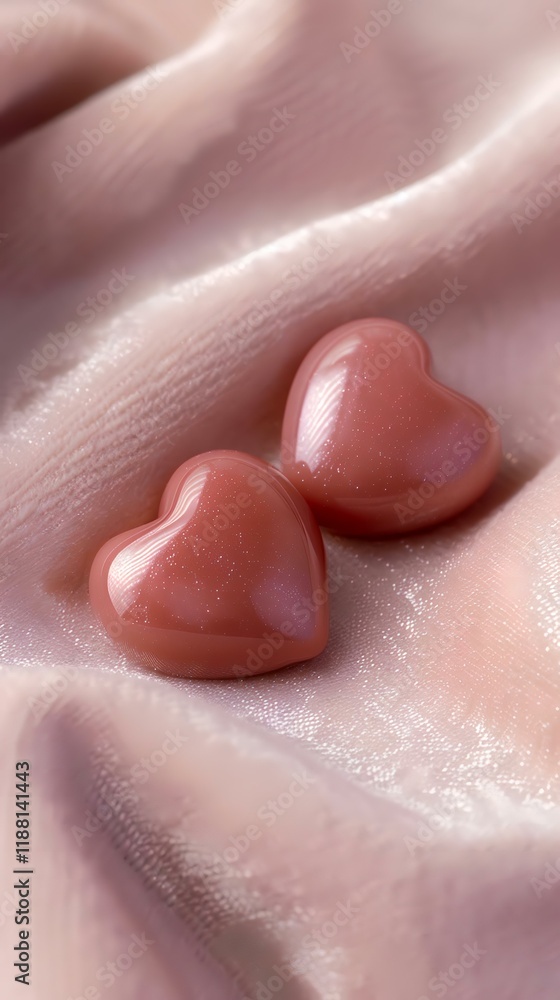 Fototapeta premium Two rose quartz hearts on pink velvet, romantic Valentine's Day background, ideal for love or wellness websites