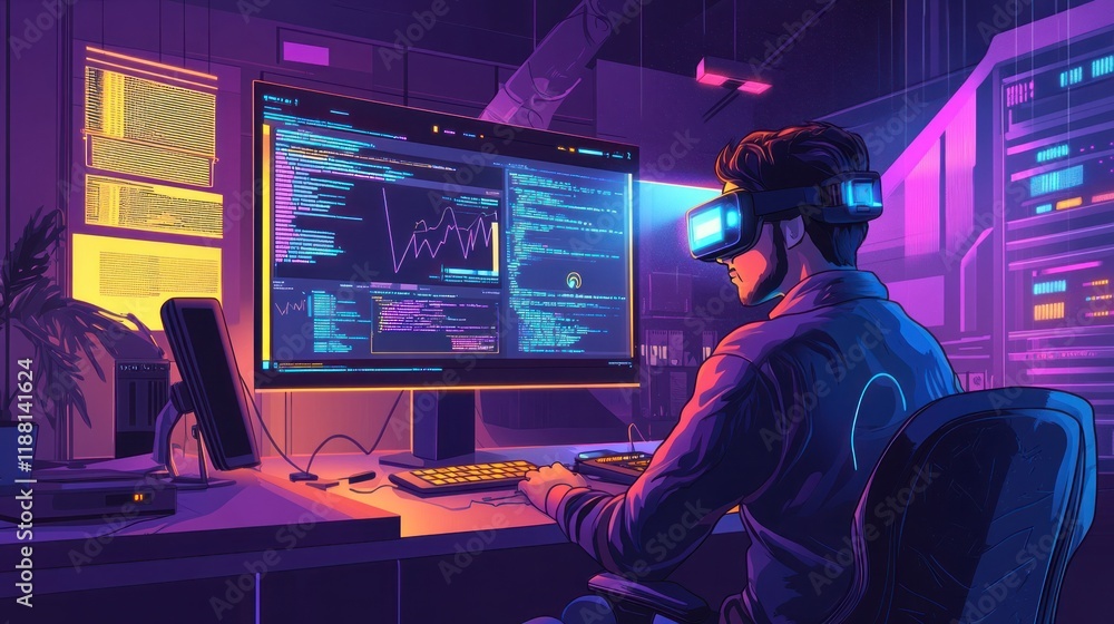 Programmer wearing VR headset codes in dark room. Programmer wearing VR headset codes in dark room.