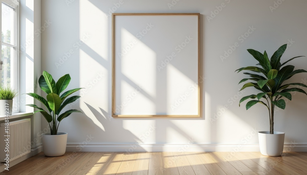 A vacant white poster in a modern workspace offering space for creativity. A vacant white poster in a modern workspace offering space for creativity.
