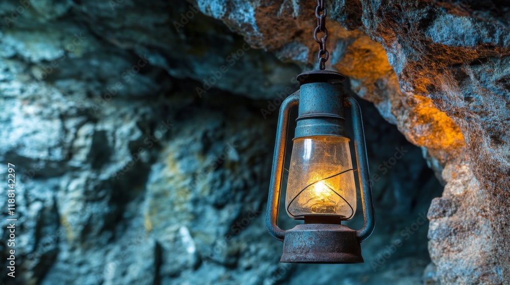 Rusty Lantern Illuminates Dark Cave Interior Rusty Lantern Illuminates Dark Cave Interior