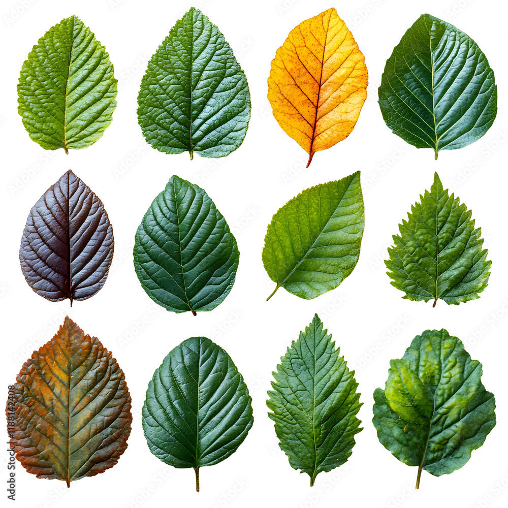 Obraz premium Autumn Leaves Collection: 12 Green, Yellow & Brown Leaves Isolated ...