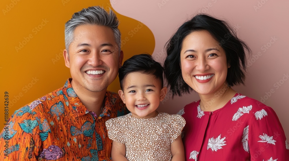 Happy Family Portrait with Parents and Smiling Child Against Colorful Background Happy Family Portrait with Parents and Smiling Child Against Colorful Background