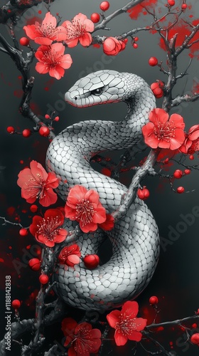 White snake coiled around blooming red flowers symbolizing chinese new year 2025