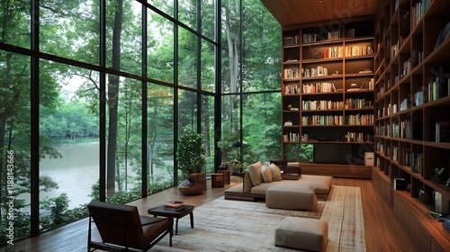 Serene Lakeside Library: Modern Home with Floor-to-Ceiling Windows Offering Breathtaking Nature Views