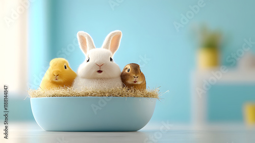 Wallpaper Mural Cute 3D rendering of fluffy white rabbit and two adorable chicks in blue bowl filled with straw, creating cheerful and playful atmosphere Torontodigital.ca