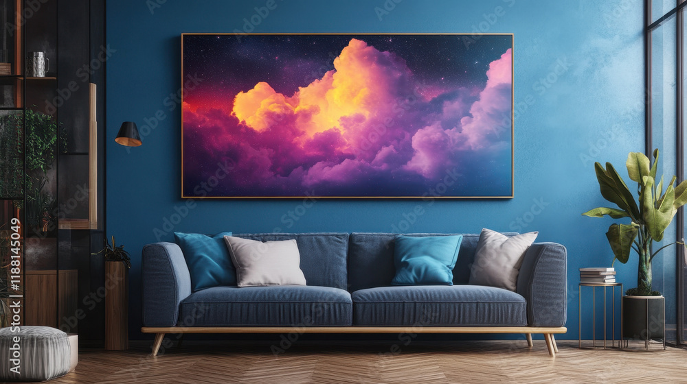 Dreamscape Canvas Above Sofa: A vibrant, large-format canvas depicting a surreal dreamscape of colorful clouds hangs above a plush velvet sofa in a stylish, modern living room. Dreamscape Canvas Above Sofa: A vibrant, large-format canvas depicting a surreal dreamscape of colorful clouds hangs above a plush velvet sofa in a stylish, modern living room.