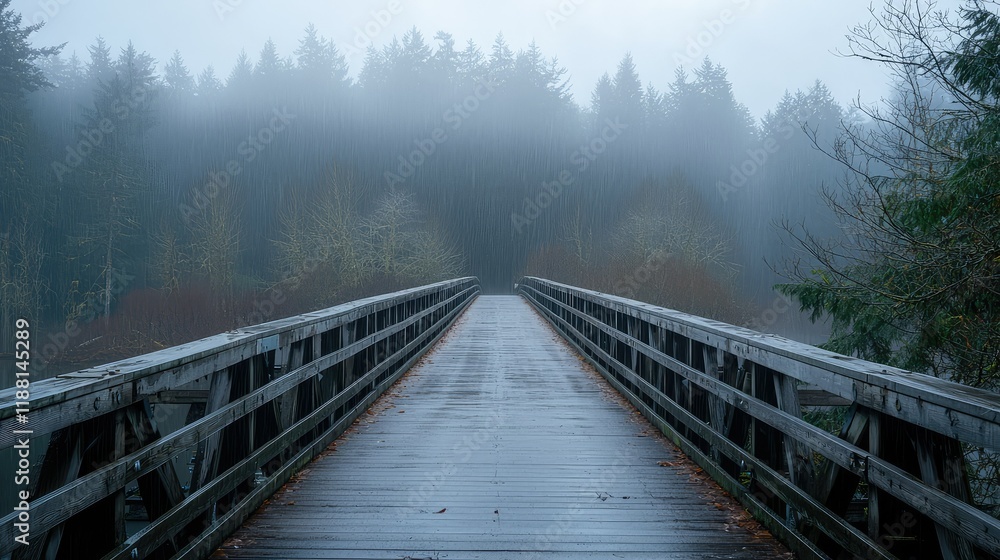 Naklejka premium Rainy Bridge in Foggy Forest Landscape with Misty Atmosphere