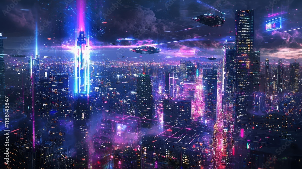 Obraz premium Futuristic Cityscape with Neon Lights and Flying Vehicles at Night