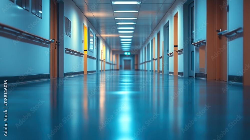 Long, empty hospital corridor with shiny floor, blue and orange accents, doors and lights. Long, empty hospital corridor with shiny floor, blue and orange accents, doors and lights.