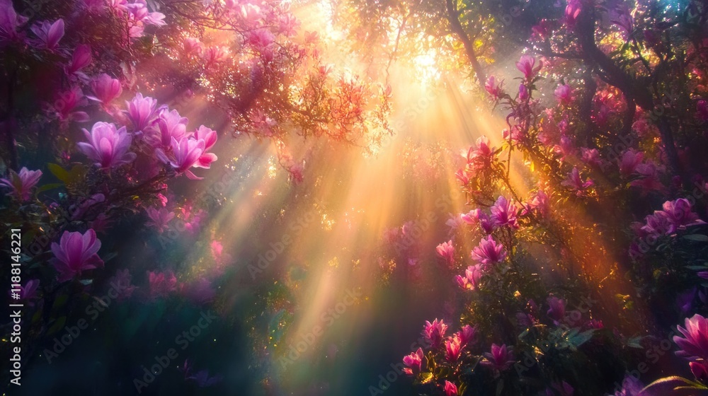 Obraz premium Sunbeams illuminate pink azalea blossoms in a mystical forest.