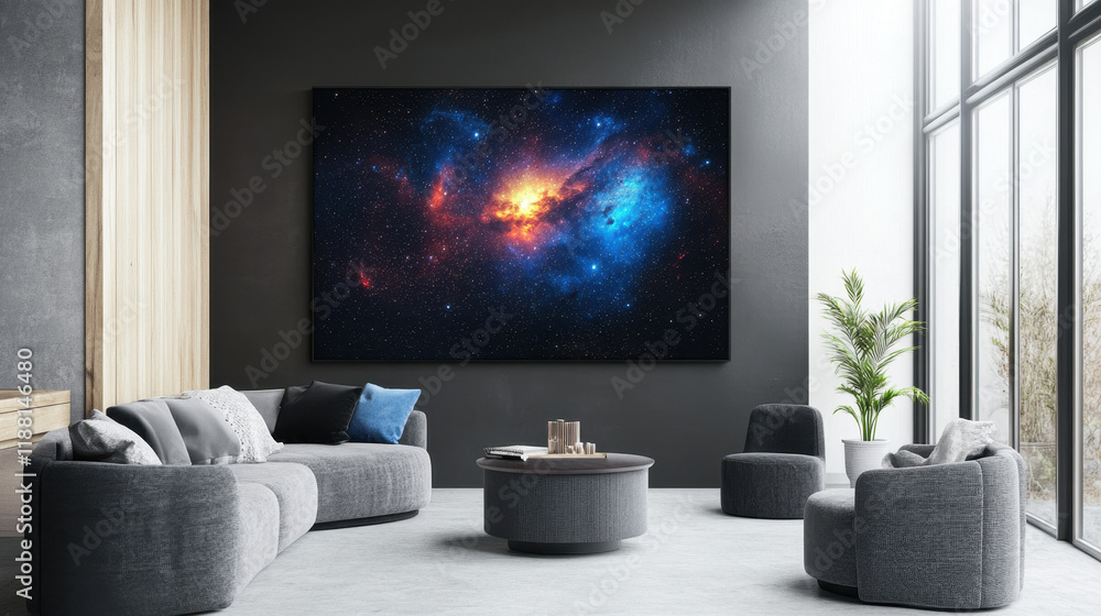 Cosmic Canvas in Modern Living Room: A vibrant nebula artwork, rich in blues, oranges, and purples, takes center stage in a stylish contemporary living room. Cosmic Canvas in Modern Living Room: A vibrant nebula artwork, rich in blues, oranges, and purples, takes center stage in a stylish contemporary living room.