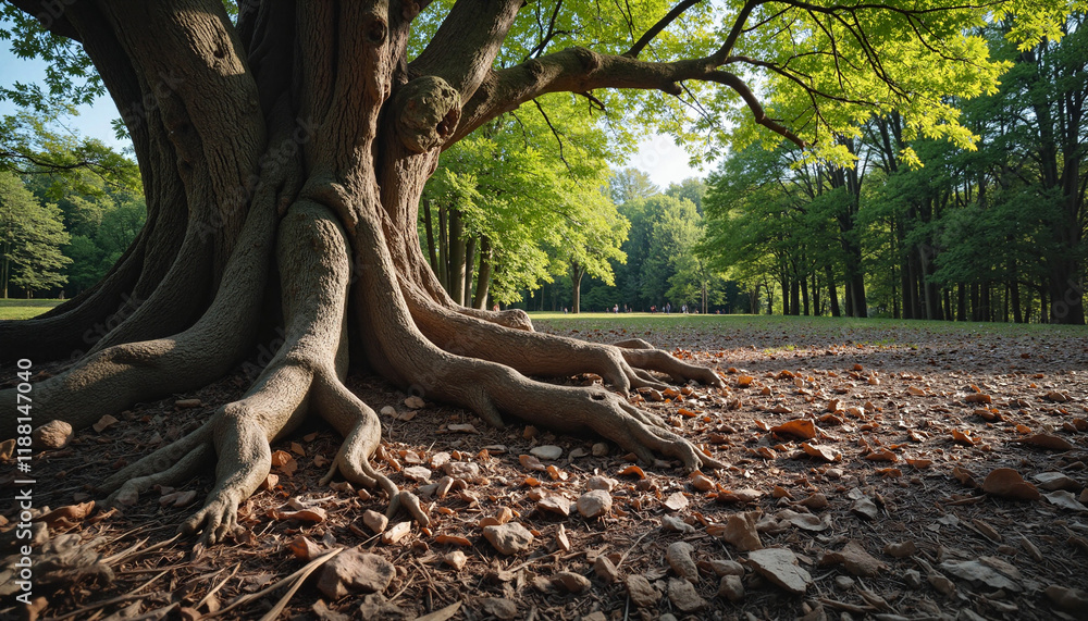 Artistic view of large, sprawling tree roots above the soil bathed in soft sunlight in a serene forest Artistic view of large, sprawling tree roots above the soil bathed in soft sunlight in a serene forest