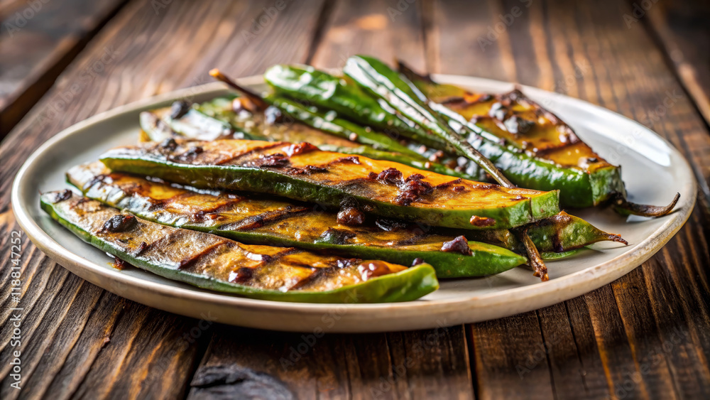 Chargrilled nopal cactus strips with a smoky flavor served on a rustic plate Chargrilled nopal cactus strips with a smoky flavor served on a rustic plate