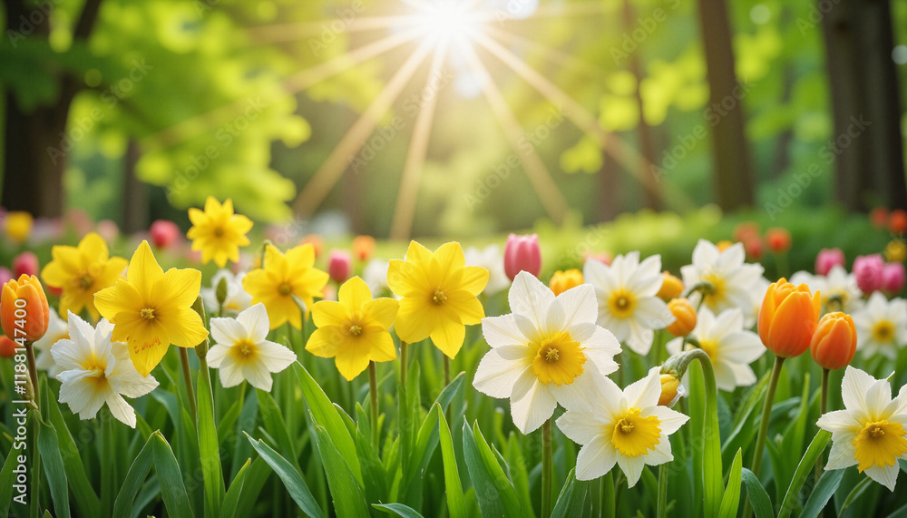 Obraz premium Vibrant spring garden filled with blooming tulips and daffodils illuminated by soft sunlight