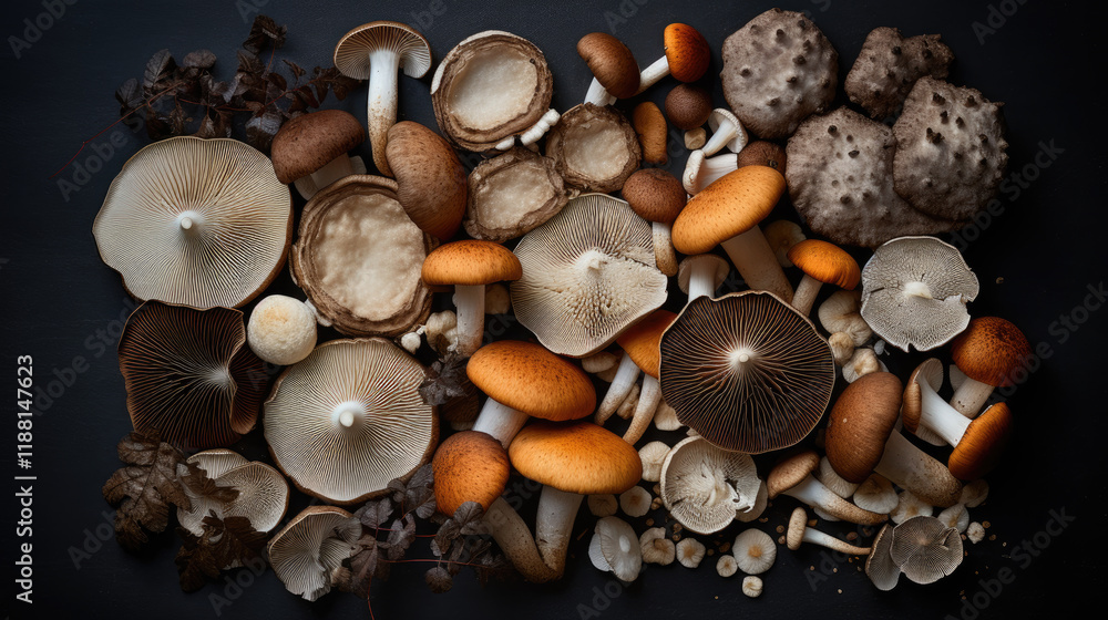 Fototapeta premium Diverse Assortment of Mushrooms on Dark Surface