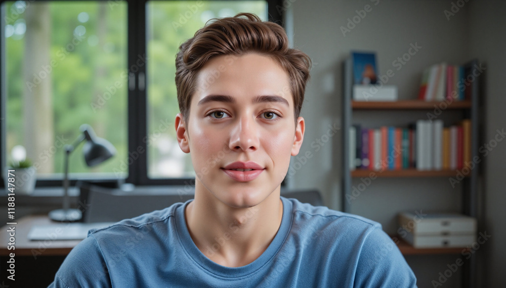 Teenage boy focused on a Zoom call in a bright room with natural lighting and a simple background Teenage boy focused on a Zoom call in a bright room with natural lighting and a simple background