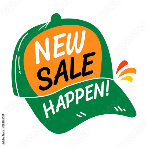 A flat sticker of hat with new sale happen typography 
