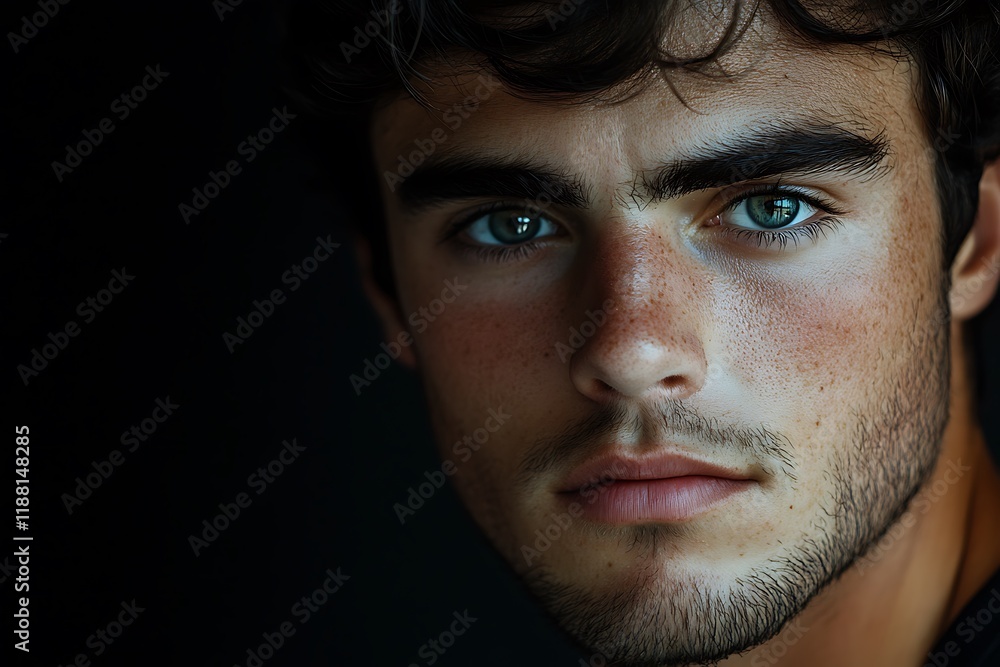 Young man with intense gaze, freckles. Young man with intense gaze, freckles.