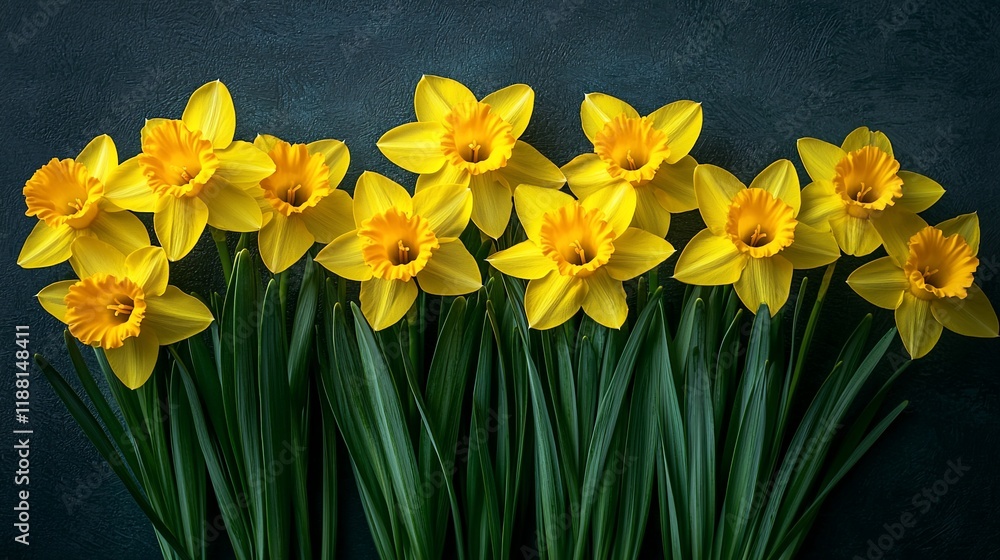Obraz premium Eight yellow daffodils in a row against a dark background.