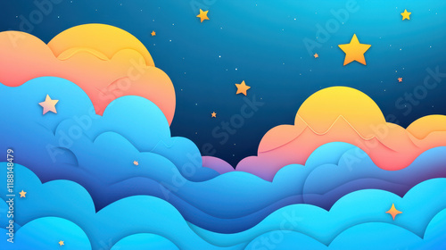 Dreamy Night Sky: A whimsical illustration of a night sky filled with fluffy clouds, sparkling stars, and a warm, inviting moon, crafted in a charming paper cut-out style.  