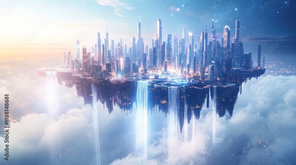 Naklejka premium Futuristic city floating on clouds with waterfalls.