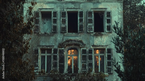 Abandoned Building with Broken Windows Surrounded by Overgrown Plants photo