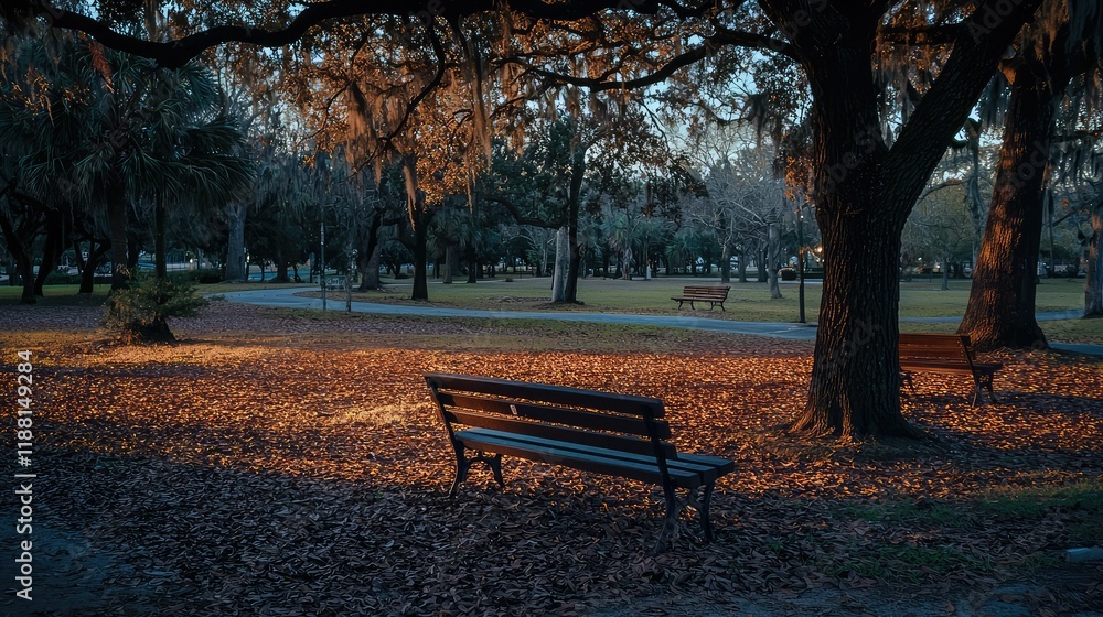Serene Park Scene with Benches and Autumn Leaves at Sunset Serene Park Scene with Benches and Autumn Leaves at Sunset