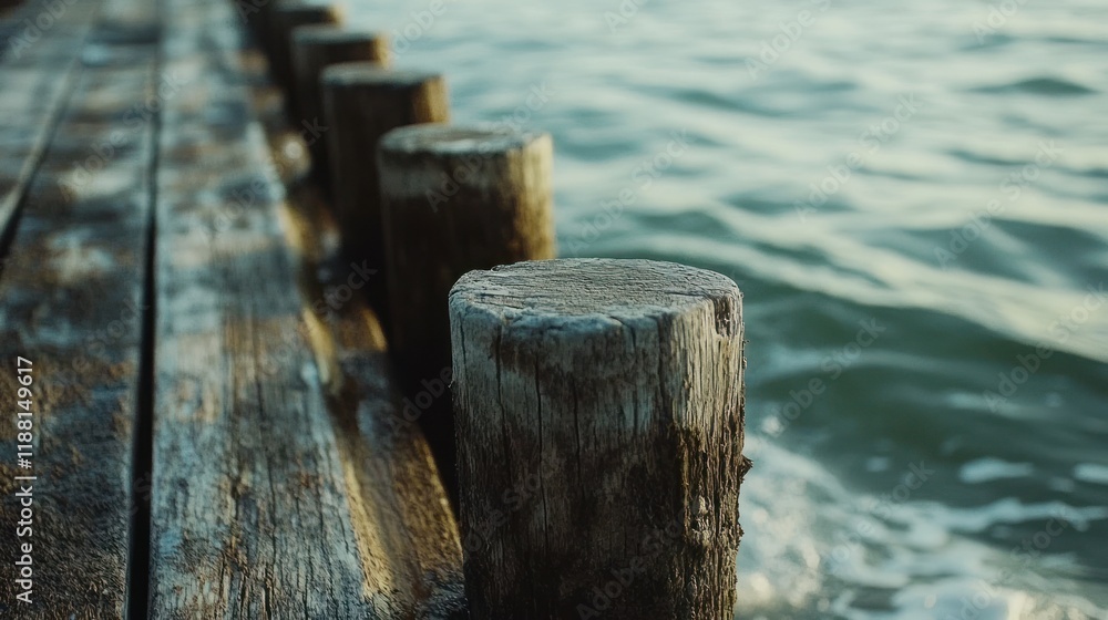 Weathered wooden pier posts beside ocean waves.
