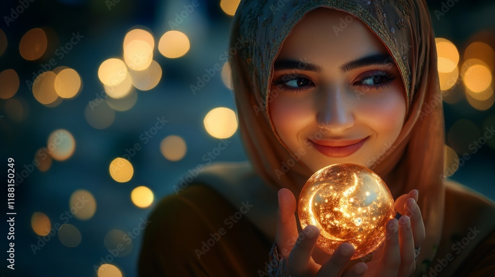 Naklejka premium Young Woman In Hijab Holds Glowing Orb