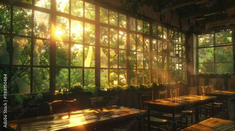 Cozy sunlit interior of the cafe with large windows overlooking the lush green landscape. seamless looping 4k video background Cozy sunlit interior of the cafe with large windows overlooking the lush green landscape. seamless looping 4k video background