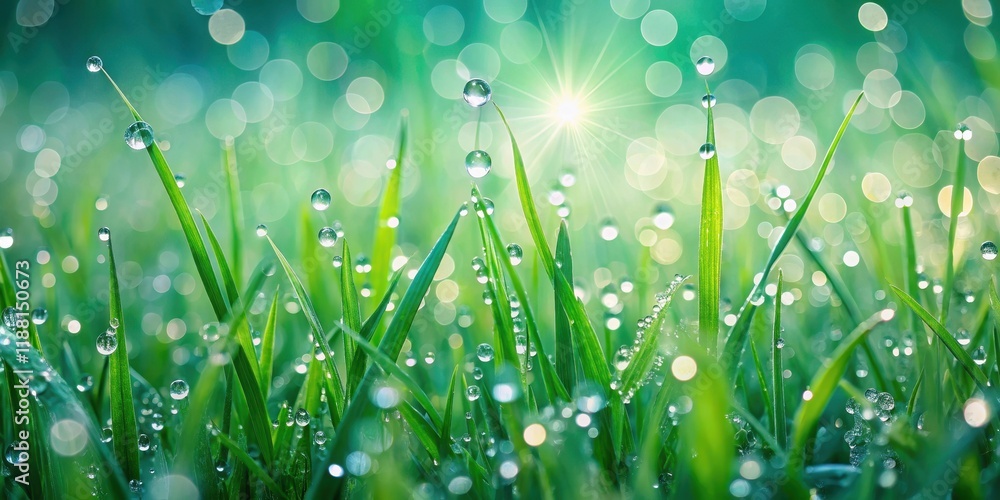 Fototapeta premium Emerald green grass with delicate morning dew droplets glistening on its surface, creating a serene and peaceful atmosphere , tranquility, nature