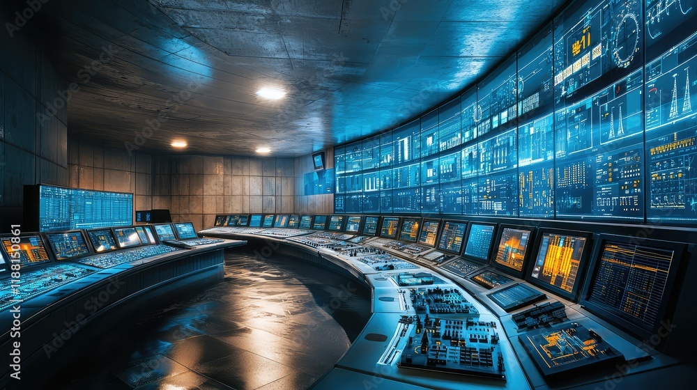 Fototapeta premium Futuristic Control Room with Digital Screens and High-Tech Equipment