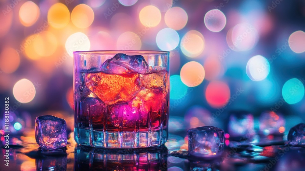 Colorful cocktail in rocks glass with ice, bokeh background. Colorful cocktail in rocks glass with ice, bokeh background.