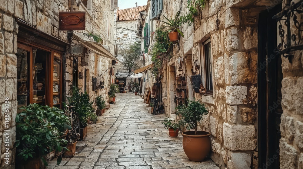 Obraz premium Charming Narrow Stone Alleyway with Plants and Rustic Decor