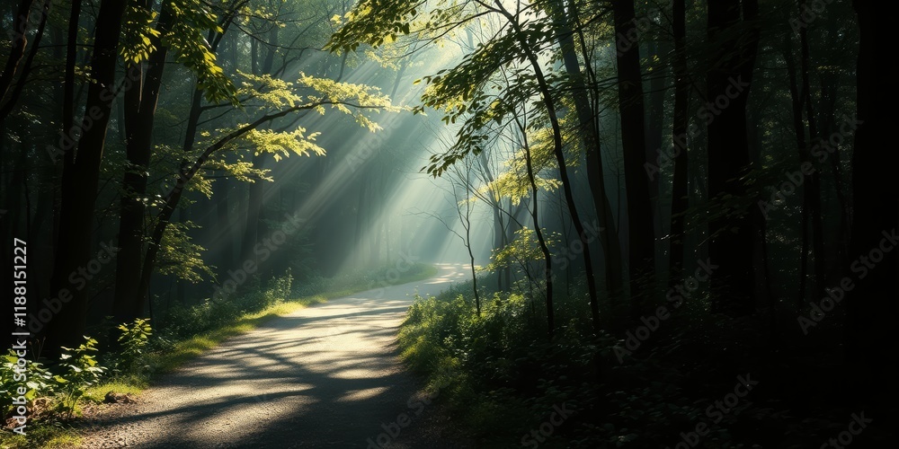 Obraz premium A Forest Path Bathed in the Golden Light of Dawn, As Sunbeams Pierce Through the Canopy, Casting Long Shadows On the Winding Road