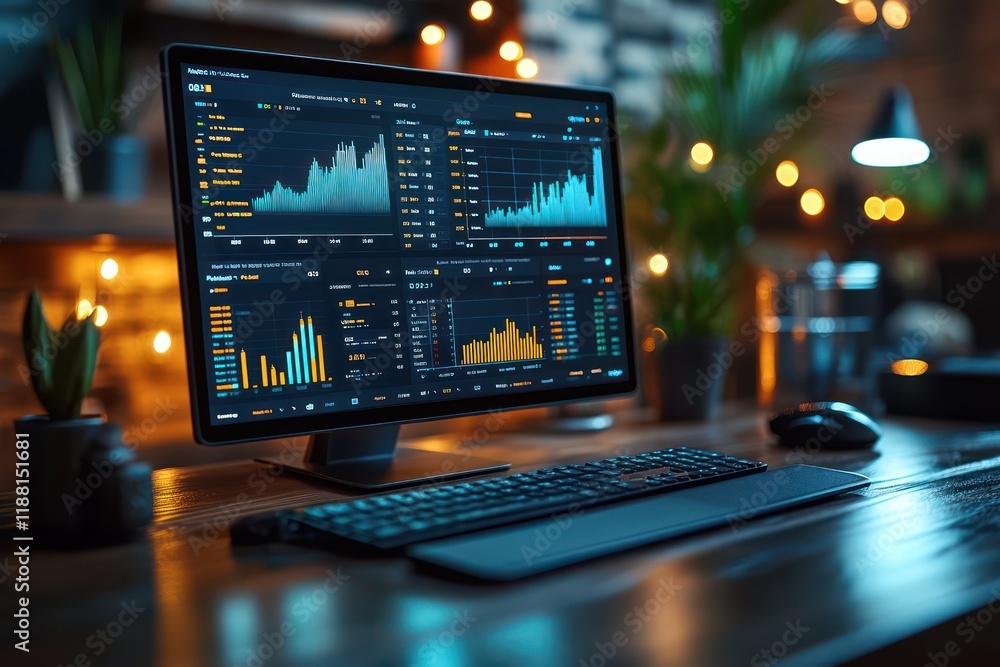 Night Trading Desk Setup: Stock Market Data Displayed on a Computer Screen Night Trading Desk Setup: Stock Market Data Displayed on a Computer Screen