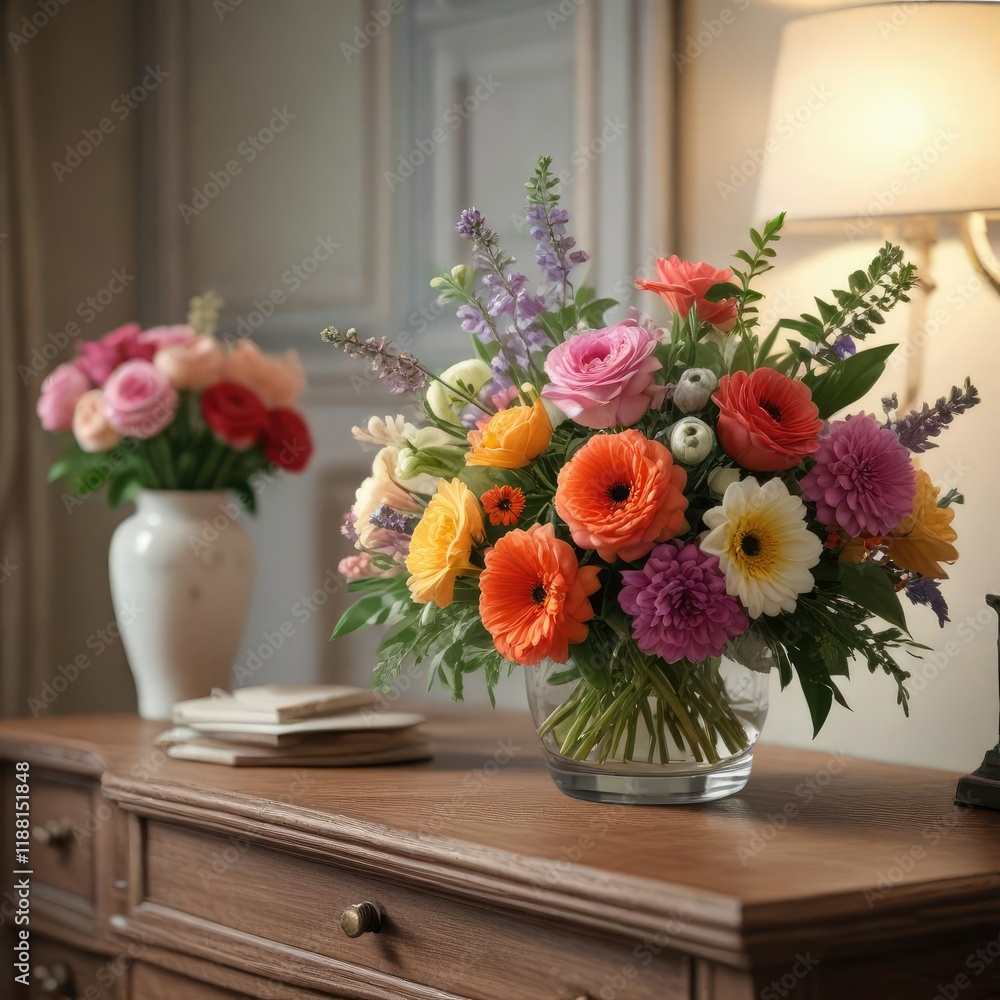 A beautifully arranged bouquet of flowers on a dresser or nightstand, glamorous, flower, stunning A beautifully arranged bouquet of flowers on a dresser or nightstand, glamorous, flower, stunning