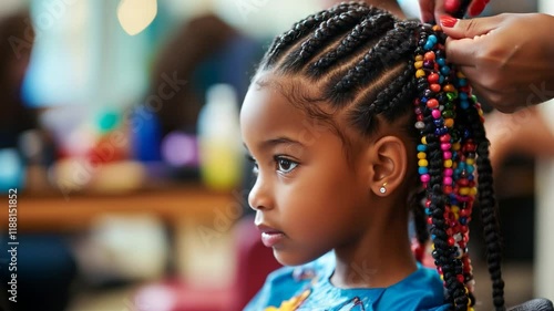 stylist carefully braiding a young girl's hair with colorful beads in a professional salon, highlighting a beautiful cultural hair art form. Video made using Generative AI