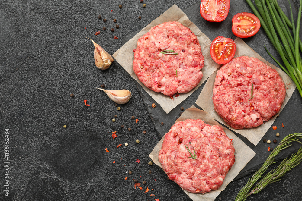 Raw meat cutlets on black textured background Raw meat cutlets on black textured background