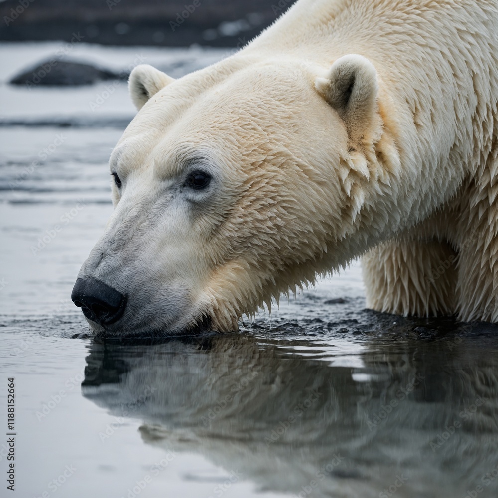Fototapeta premium A polar bear looking at its reflection in the water on a white background.