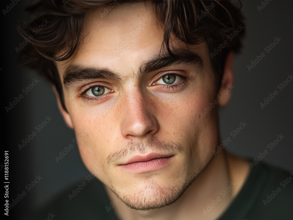 Portrait of Young Man with Intense Gaze and Dark Hair in Natural Light Portrait of Young Man with Intense Gaze and Dark Hair in Natural Light